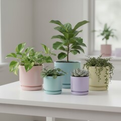 Obraz premium Assorted Potted Plants on White Table with Soft Natural Lighting