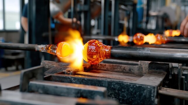 Skilled artisans shape molten glass into beautiful objects in a busy glassblowing workshop