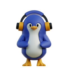 Cute Blue Penguin Character Wearing Blue and Yellow Headphones with Yellow Feet and Orange Accents on a Transparent Background