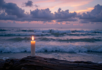 Fototapeta premium A lit candle on a driftwood plank by the seashore at twilight, with gentle waves reflecting pink and purple clouds in a calm, dreamy atmosphere.