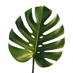 Isolated Green Monstera Leaf on White Background with Water Droplets
