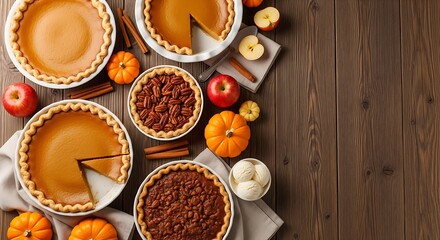 Fototapeta premium An overhead flat lay of Thanksgiving pies—pumpkin and pecan—surrounded by fall decor on a rustic wood table