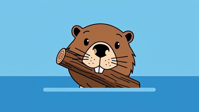 Cute Beaver Holding a Log in Water Cartoon Style.
