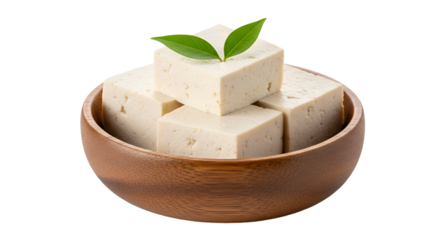 Fresh White Tofu Blocks in Wooden Bowl with Green Leaf Garnish on Transparent Background - Powered by Adobe