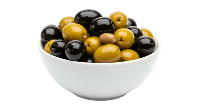 Assorted Green and Black Olives in White Bowl on Transparent Background