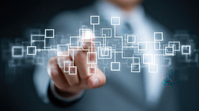 Businessman interacting with a digital network interface