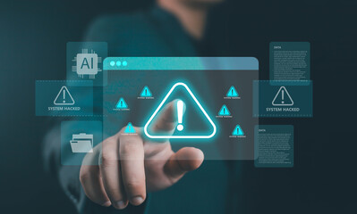 Businessman touching virtual screen with cybersecurity warning icons showing system hacked and alert signs, representing data protection, cyber attack, and digital security management.