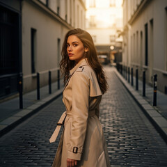 Obraz premium A young woman walking in a narrow Paris street, cobblestones, golden hour light, wearing a beige trench coat, long wavy brown hair
