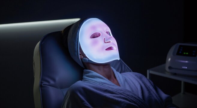 Woman receiving LED light facial therapy. Patient relaxing with chromotherapy phototherapy mask. Modern skin treatment in a beauty salon.