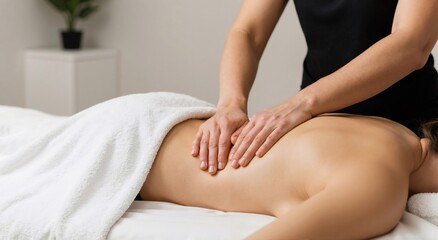 Obraz premium Woman client receiving relaxing back massage from a professional female masseuse. Wellness and self care concept for day spa.