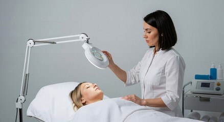 Obraz premium Woman esthetician examining a woman client's face with a magnifying lamp. Skin care and beauty treatment in a modern salon.