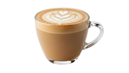 Hot Coffee Latte with Heart-Shaped Foam Art in Clear Glass Cup on Transparent Background