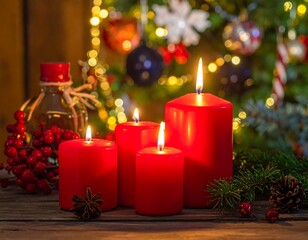 Vibrant red candles with softly glowing flames, Christmas tree, and warm, festive setting