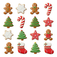Collection of festive christmas cookies in various shapes isolated on transparent background
