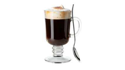 Hot Coffee Drink in Glass Mug with Foamy Topping and Silver Spoon on Transparent Background