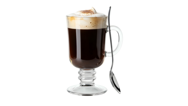 Hot Coffee Drink in Glass Mug with Foamy Topping and Silver Spoon on Transparent Background