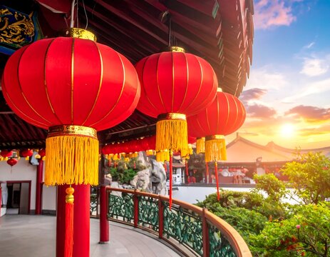 Vibrant red lanterns adorn an oriental building with a sunset and lush greenery backdrop - Powered by Adobe