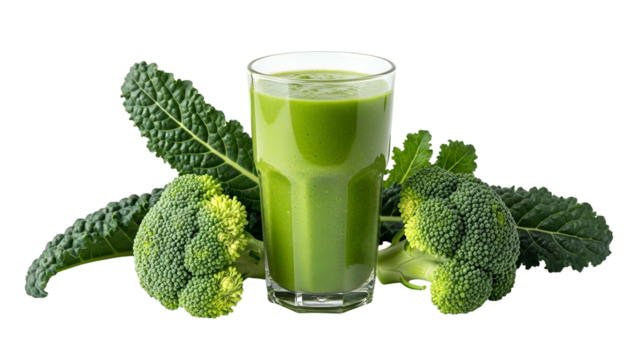 Fresh Green Broccoli and Leafy Vegetables with Glass of Green Juice on Transparent Background