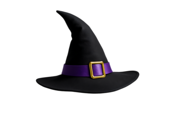Witches black pointy hat with a purple satin ribbon band and a prominent golden buckle a perfect accessory for any halloween costume or display isolated on transparent background