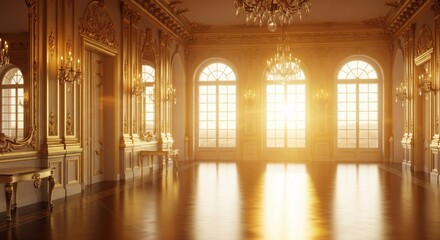 Fototapeta premium Opulent Golden Ballroom with Sunlight Streaming Through Arched