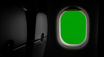 Dark Airplane Cabin Window with Green Screen for Customizable Travel Mockup