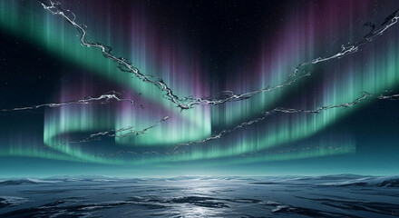 Dramatic Aurora Borealis Sky with Northern Lights and Icy Winter Landscape 3D Render