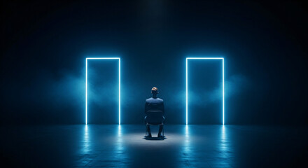 Business Man Facing Choices Between Two Neon Portals Dark 3D Render