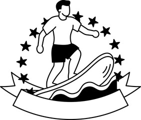 black and white logotype of A man is surfing on a surfboard