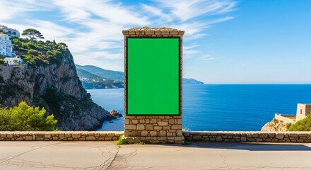 Blank Green Screen Billboard Mockup in Coastal Cliffside Landscape for Advertising