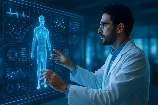 Doctor interacting with holographic human body and advanced medical analytics panels - Powered by Adobe