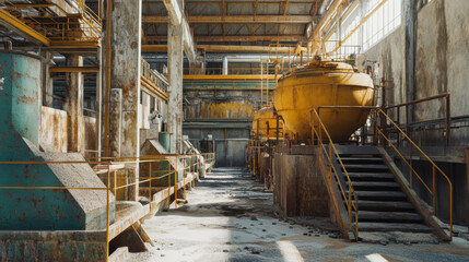 Naklejka premium Construction site with stacked materials and machinery in large industrial facility for process structure of mortar factory