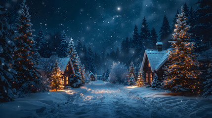 Cozy Christmas night background with snowy cabins and glowing lights in winter forest