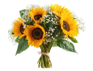 Obraz premium Bouquet of sunflowers with baby's breath, tied with twine
