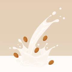 Almond milk splash with nuts flat illustration.