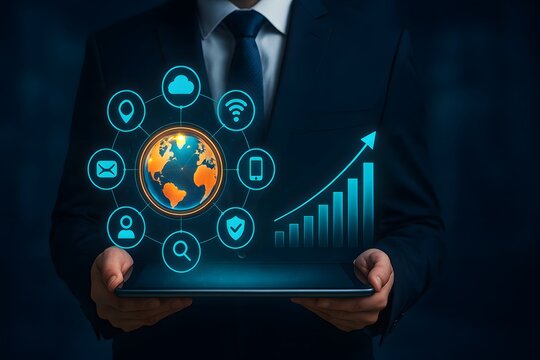 Executive presenting global network icons and rising growth graph on tablet