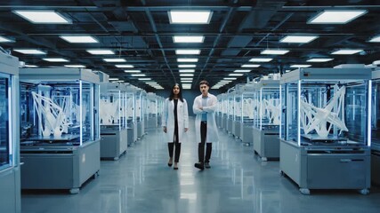 Two scientists in lab coats walking futuristic laboratory filled with advanced robotic manufacturing, innovation, science, automation, artificial intelligence, biotechnology, technology research. - Powered by Adobe