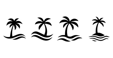 Set of stylized palm trees on waves vector graphics tropical beach island icon collection