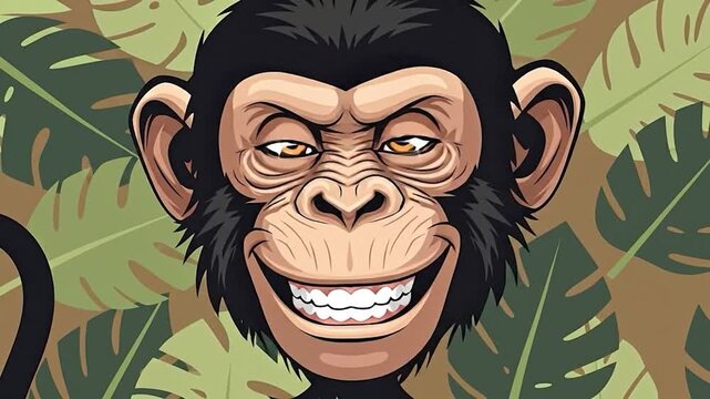 Funny Monkey Face Jungle Background Cartoon Style.