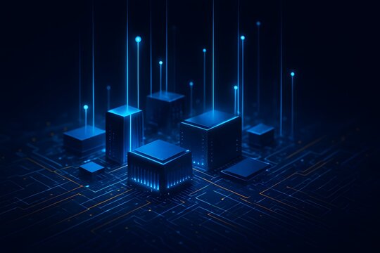 Futuristic data center cubes rising over illuminated electronic circuit surface