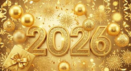 Luxurious Gold New Year 2026 Celebration Background with Ornaments and Confetti 3D Render
