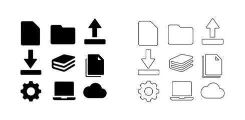 Collection of 18 essential digital icons for file management downloads uploads cloud and settings