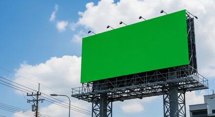 Large Green Screen Billboard Mockup against Blue Sky for Outdoor Advertising.
