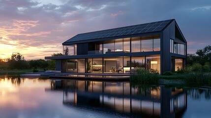 Modern Eco-Friendly House with Solar Panels by Sunset Reflection