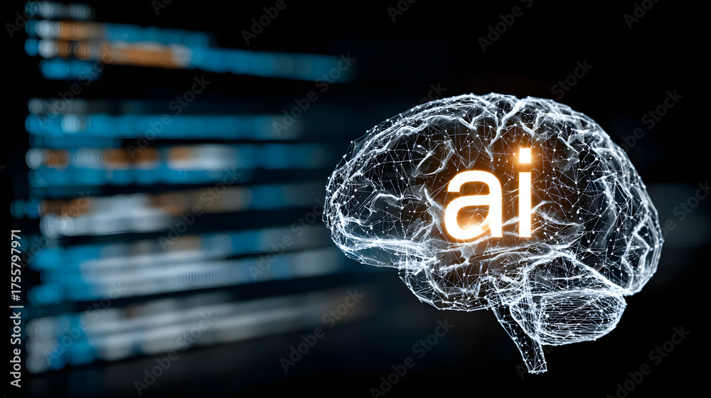 Wall mural a glowing blue hologram of the letters ai floating above an electronic chip surrounded by digital da