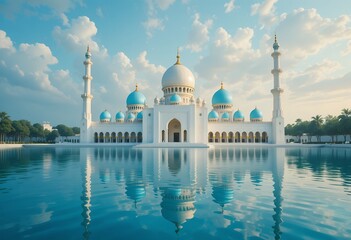 Obraz premium Magnificent white mosque with large blue domes reflecting on tranquil water surface under cloudy sky