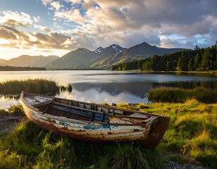Obraz premium Tranquil Lake Scene with Old Boat and Mountain Backdrop.
