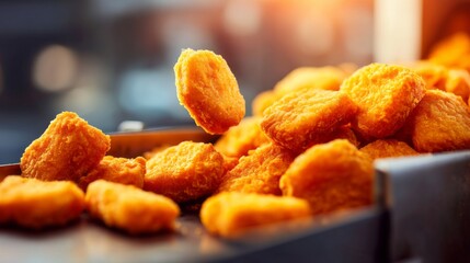A flurry of golden crispy nuggets tumbles onto a gleaming metal conveyor belt, showcasing the rhythmic flow of food preparation in a busy production environment