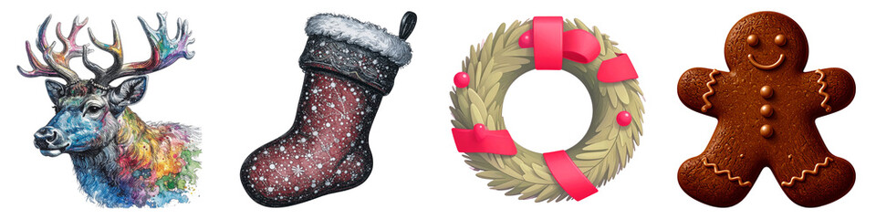 Four Christmas ornaments: reindeer, stocking, wreath, gingerbread man on Transparent background.