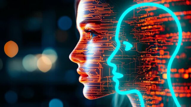 Double exposure of human face silhouette with glowing AI digital profile overlay, artificial intelligence, technology, machine learning, human-computer interaction, innovation, futuristic cyber.