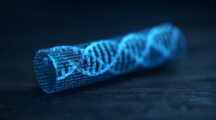 A digital representation of a DNA strand, illuminated in blue, showcasing a blend of technology and biology.